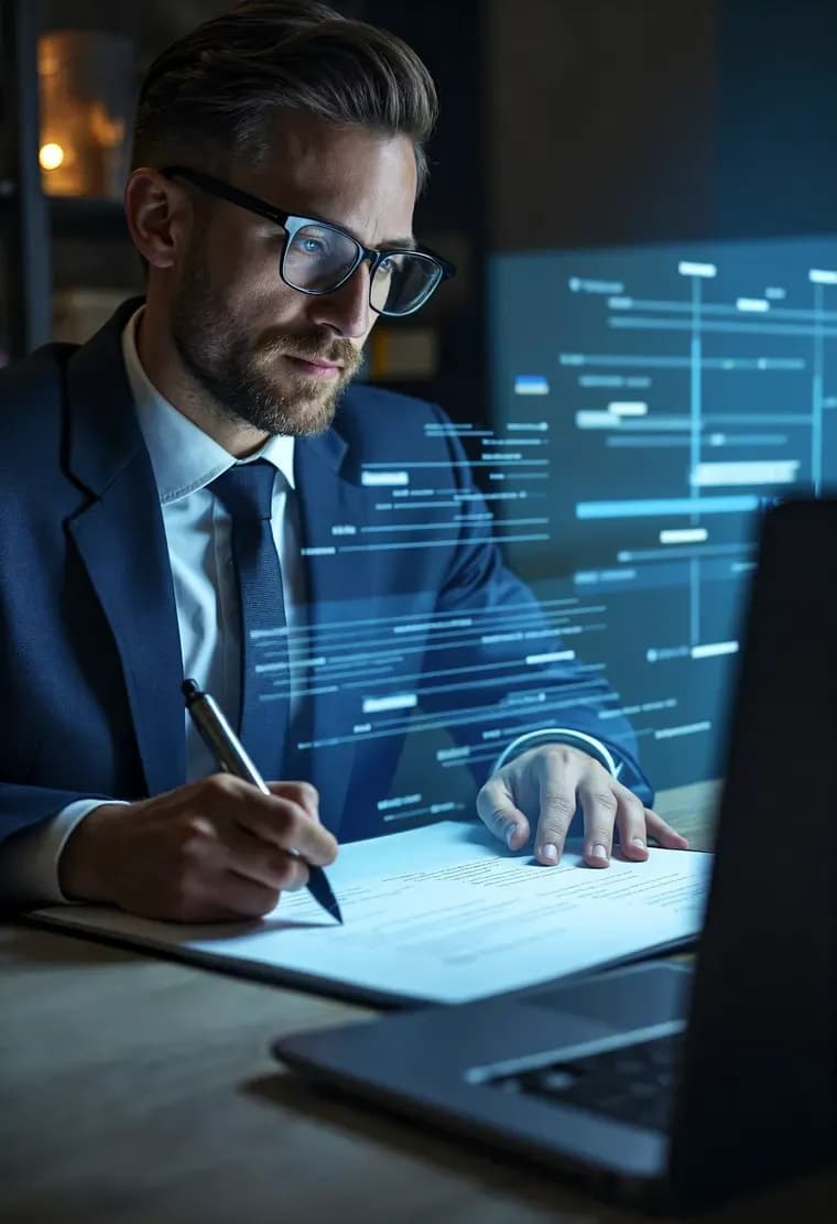 A professional reviewing a document beside a laptop and a floating process diagram