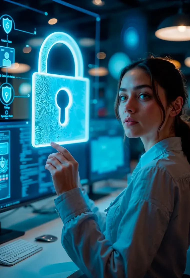 A woman touching a glowing digital padlock beside security dashboards